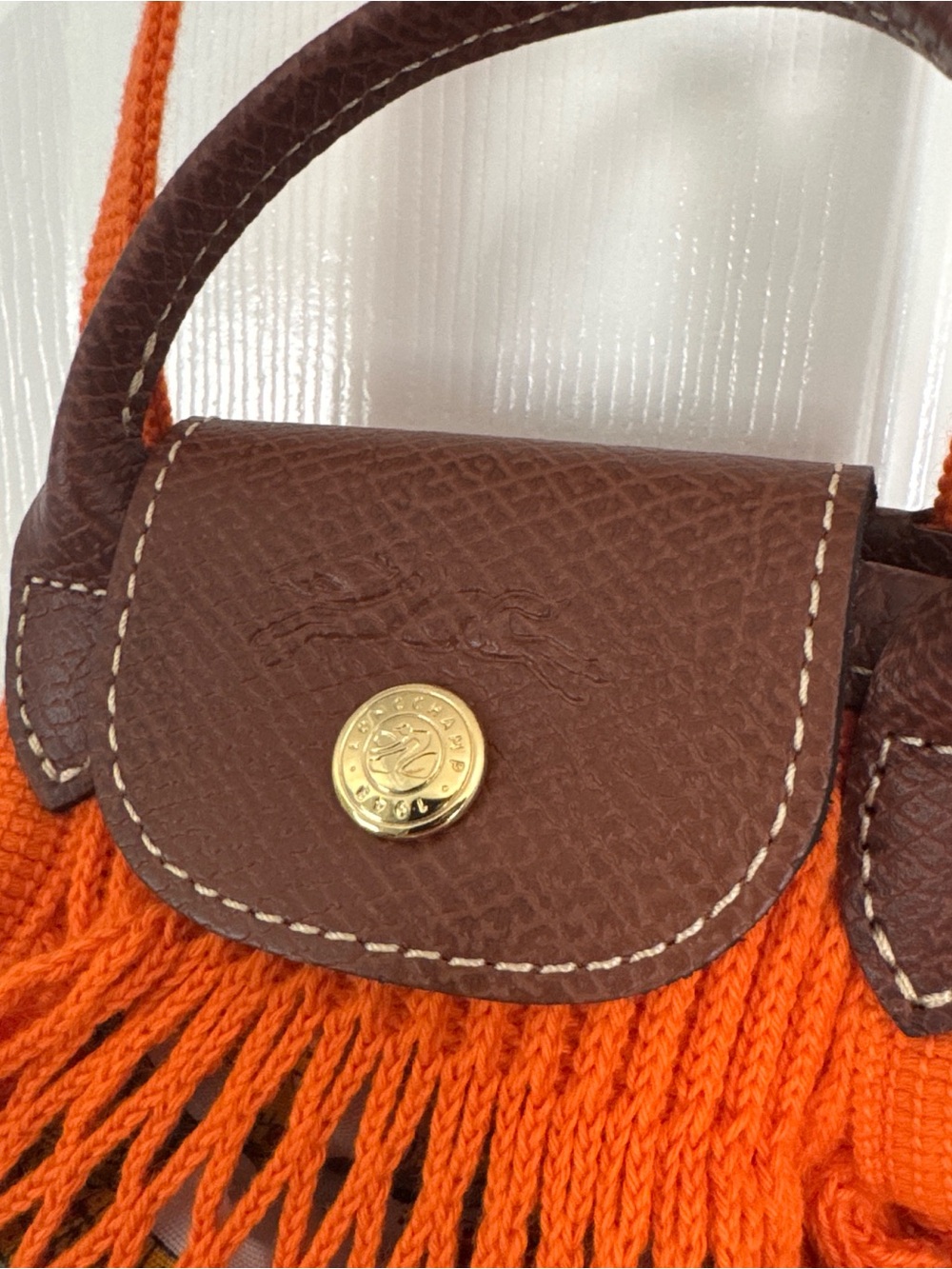 Longchamp Orange Net Crossbody with Brown Leather Flap - Picture 2 of 3